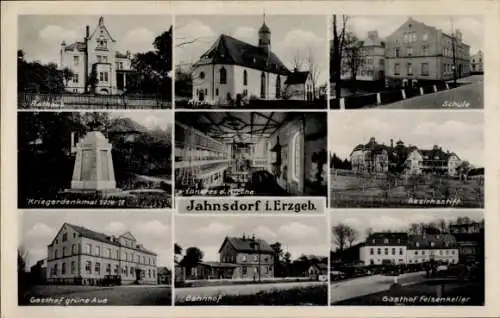 Ak Jahnsdorf im Erzgebirge, Schule, Bezirksstift, Gasthof Felsenkeller, Bahnhof, Rathaus