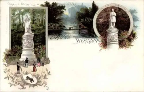 Litho Berlin Tiergarten, Löwenbrücke, Denkmal Königin Luise, Denkmal Friedrich Wilhelm III.