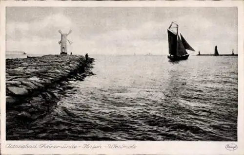 Ak Świnoujście Swinemünde Pommern, Hafen, Westmole, Segelboot, Windmühle