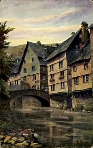 Künstler Ak Braun, Monschau Montjoie in der Eifel, Rur mit Brücke, alte Häuser