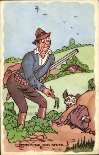 Künstler Ak Jäger will Hase mit einer Möhre aus dem Bau locken