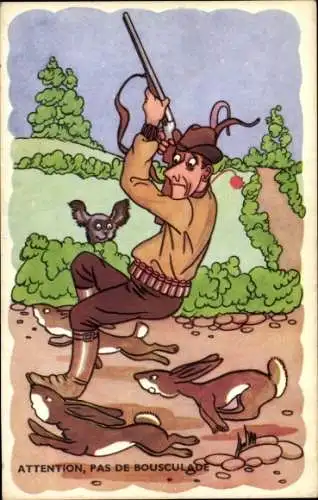 Künstler Ak Jäger wird von Hasen umgerannt