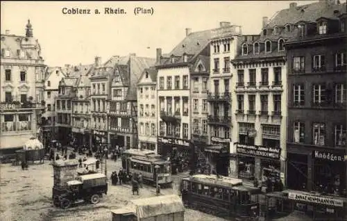 Ak Koblenz am Rhein, Plan, Hotel zum Wilden Schwein, Geschäfte, Straßenbahnen