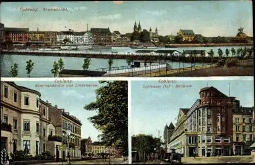 Ak Koblenz am Rhein, Rheinansicht, Kommandatur, Lindenallee, Koblenzer Hof Bellevue