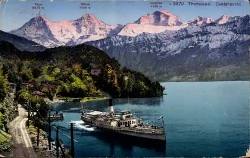 Ak Gunten am Thunersee Kanton Bern, Elgerm, Mönch, Jungfrau, Beatenbucht, Dampfschiff
