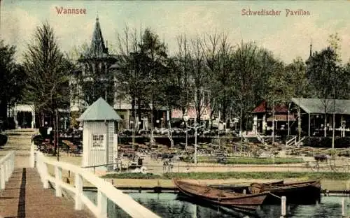 Ak Berlin Zehlendorf Wannsee, Schwedischer Pavillon, Boote, Steg