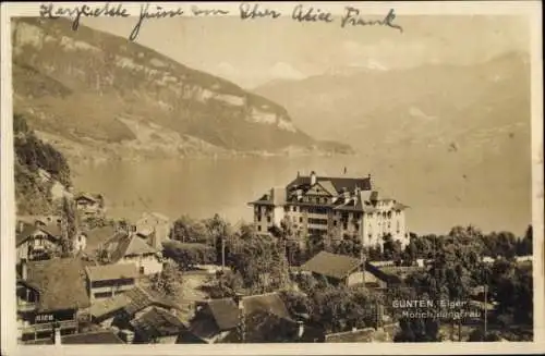Ak Gunten am Thunersee Kanton Bern, Panorama, Gebäude, See, Eiger, Mönch, Jungfrau
