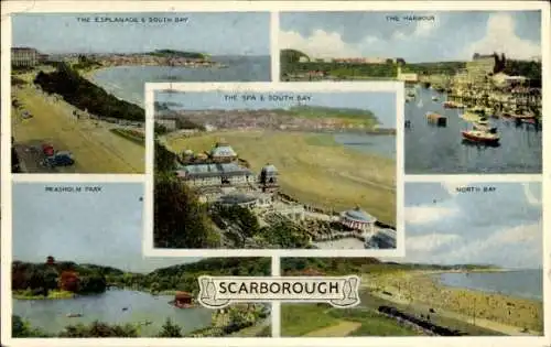 Ak Scarborough North Yorkshire, Esplanade, Hafen, Spa, South Bay, Peasholm Park