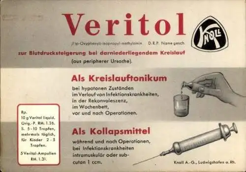 Ak Werbung Veritol, Firma Knoll, Cardiazol-Chinin-Suppositorien