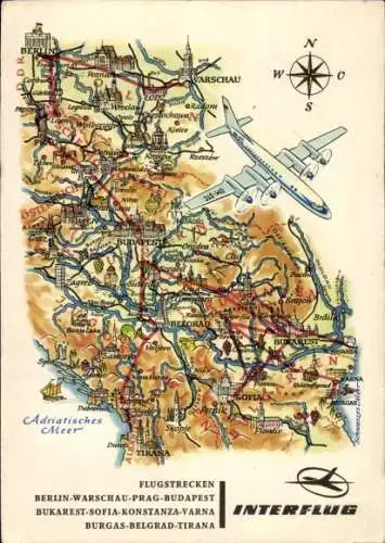 Landkarten Ak Hoppe, Interflug, Flugstrecken, Berlin, Warschau, Prag, Budapest, Bukarest, Sofia