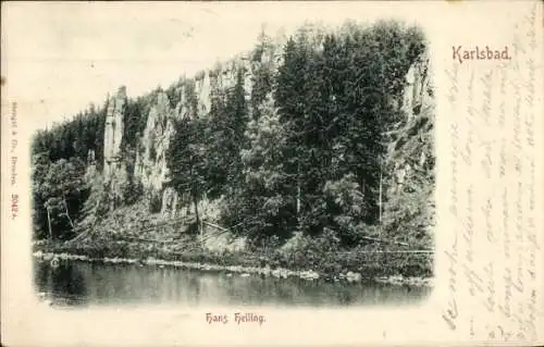 Ak Karlsbad Tschechien, Hans Heiling, Ufer, Felsen