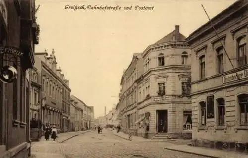 Ak Groitzsch in Sachsen, Bahnhofstraße, Postamt, Friseur, Bäckerei