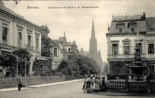 Ak Hansestadt Bremen, Contrescarpe mit Blick auf St. Michaeliskirche, Brunnen
