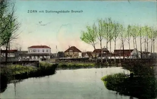 Ak Brumath Elsass Bas Rhin, Teilansicht an der Zorn, Bahnhof, Stationsgebäude