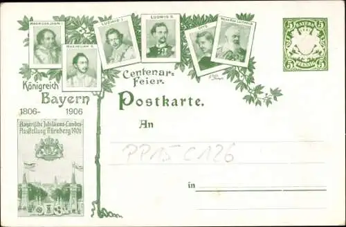 Ganzsachen Ak Centenarfeier Königreich Bayern 1906, Prinzregent Luitpold von Bayern, Ludwig II.