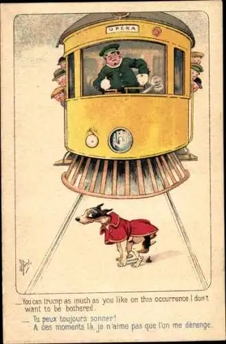 Künstler Ak Mich, Hund verrichtet Geschäft auf Straßenbahnschienen