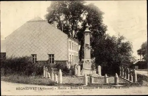 Ak Regniowez Ardennes, Rathaus, Jungenschule und Kriegerdenkmal