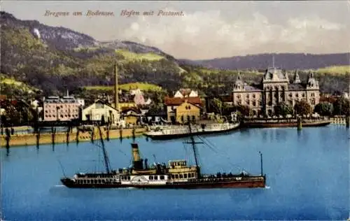 Ak Bregenz am Bodensee Vorarlberg, Hafen, Postamt, Dampfer