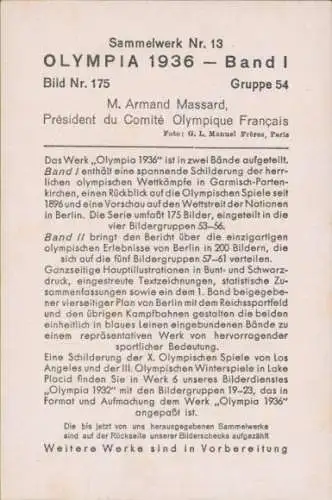 Sammelbild Olympia 1936, Armand Massard, Präsident des Französischen Olympischen Komitees