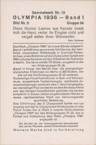 Sammelbild Olympia 1936, Kanadische Skifahrerin Diana Gordon Lennox mit gebrochener Hand