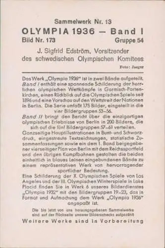 Sammelbild Olympia 1936, J. Sigfrid Edström, Vorsitzender Schwedisches Olympisches Komitee