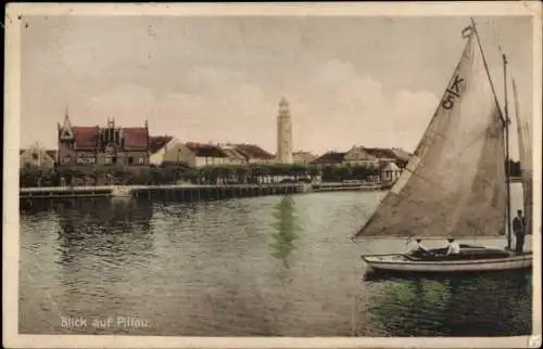 Ak Baltijsk Pillau Ostpreußen, Ortsansicht, Leuchtturm, Segelboot