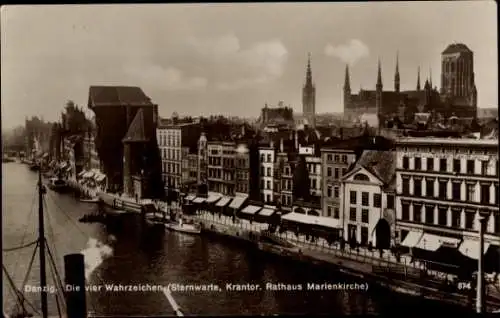 Ak Gdańsk Danzig, Sternwarte, Krahntor, Rathaus, Marienkirche