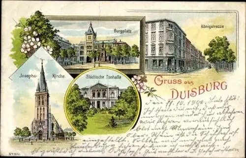 Litho Duisburg im Ruhrgebiet, Tonhalle, Königstraße, Burgplatz, Josephs-Kirche