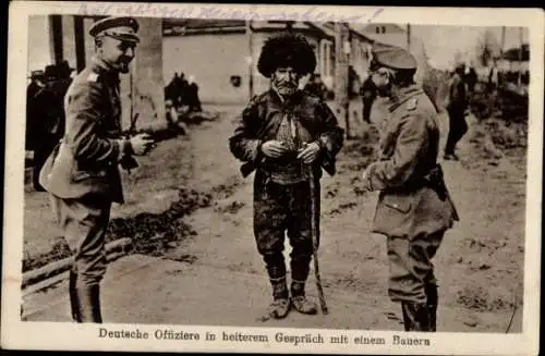 Ak Deutsche Offiziere in heiterem Gespräch mit einem Bauern, I. WK