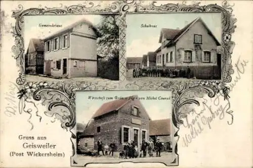 Ak Geiswiller Geisweiler Elsass Bas Rhin, Wirtschaft zum grünen Jäger, Gemeindehaus, Schule