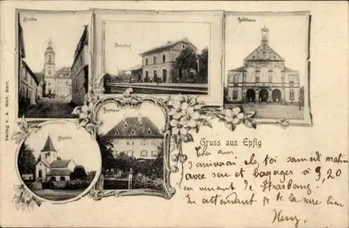 Ak Epfig Elsass Bas Rhin, Bahnhof, Gleisseite, Rathaus, Kirche, Pfarrhaus, Kapelle