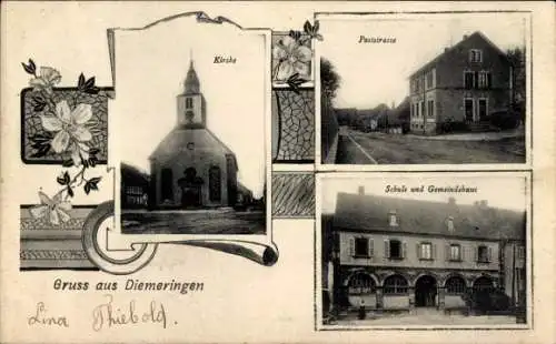 Ak Diemeringen Elsass Bas Rhin, Poststraße, Kirche, Schule, Gemeindehaus