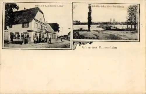 Ak Drusenheim Elsass Bas Rhin, Schiffbrücke über den Rhein, Gasthof zum goldenen Adler