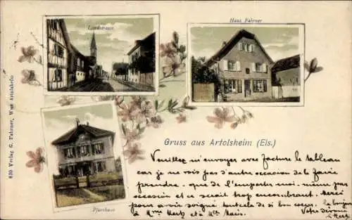 Ak Artolsheim Elsass Bas Rhin, Pfarrhaus, Landstraße, Haus Fahrner