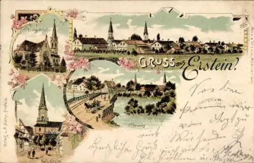 Litho Erstein Elsass Bas Rhin, Kirchen, Totalansicht