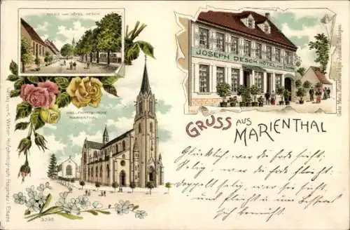 Litho Marienthal Kaltenhausen Elsaß Elsass Bas Rhin, Wallfahrtskirche, Allee zum Hotel Joseph Desch