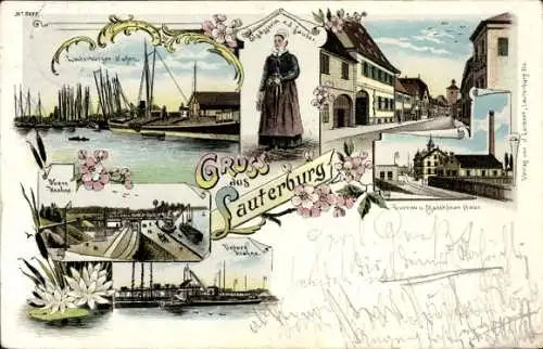 Litho Lauterbourg Lauterburg Elsass Bas Rhin, Hafen, Maschinen Haus, Obere und untere Krahne