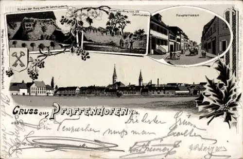 Litho Pfaffenhoffen Pfaffenhofen Elsass Bas Rhin, Hauptstraße, Burgruine, Totalansicht