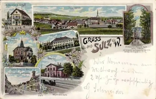 Litho Soultz sous Forêts Sulz unterm Wald Elsass Bas Rhin, Bahnhof, Gleisseite, Postamt, Schloss