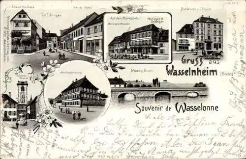 Litho Wasselonne Wasselnheim Elsass Bas Rhin, Hutfabrik, Schlossturm, Hotel, Metzgerei