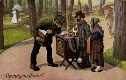 Künstler Ak Thiele, Arthur, Vermögenssteuer, Beamter, Drehorgelspieler, Affe, Frau, Leierkasten