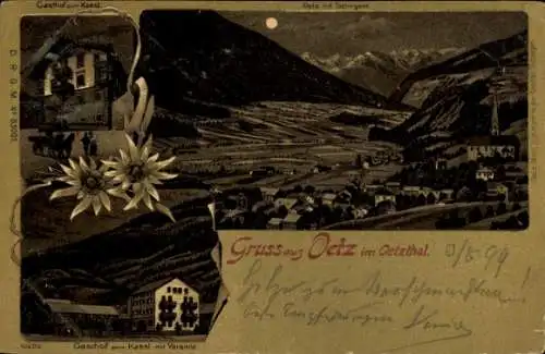 Mondschein Litho Oetz Ötz in Tirol, Totalansicht, Gasthof zum Kassl