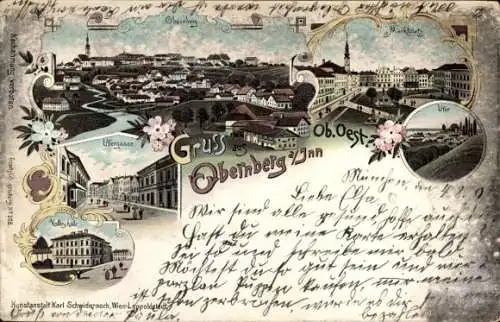 Litho Obernberg am Inn Oberösterreich, Ufergasse, Marktplatz, Volksschule
