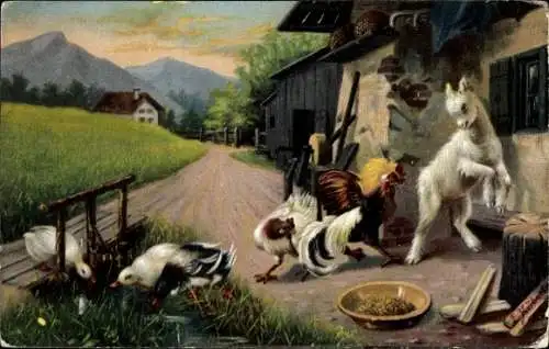 Ak Bauernhof, Hahn greift eine junge Ziege an