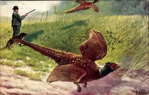 Künstler Ak Fromme, Ludwig, Fasanenjagd, Jäger mit Hund und Gewehr