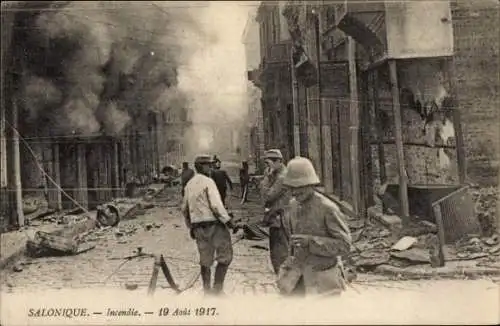 Ak Saloniki Thessaloniki Griechenland, Brand 19. August 1917