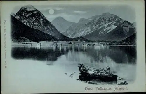 Mondschein Ak Pertisau Eben am Achensee in Tirol, Gesamtansicht, Boot