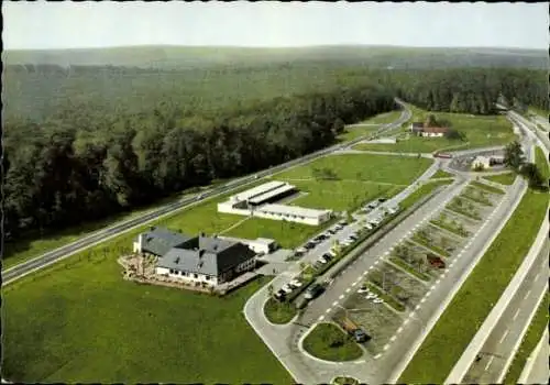 Ak Rohrbrunn Weibersbrunn in Bayern, Fliegeraufnahme vom Autobahn Rasthaus im Spessart, Motel