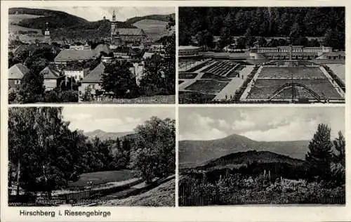 Ak Jelenia Góra Hirschberg Riesengebirge Schlesien, Blick von Samuel Opitz, Schwimmbad, Gebirge