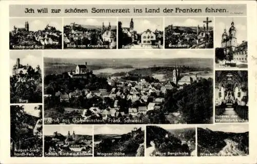 Ak Gößweinstein in Oberfranken, Kirche, Burg, Kreuzberg, Wallfahrtskirche, August-Sieghardt-Fels